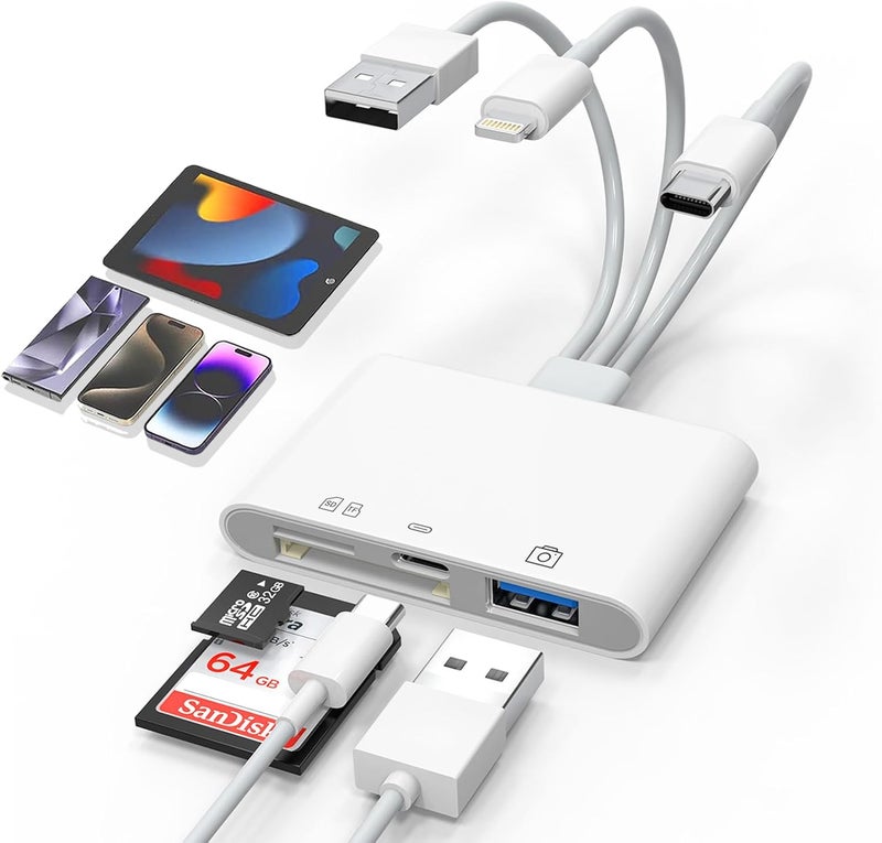 Ardaddyn Universal SD Card Reader for iPhone/Mac - Upgraded TypeC(Data)+Lightning+USB Three Port SD/TF Memory Card Reader Digital Camera Transfer to Phone Adapter, Multi Port 4 in 1 Universal SD Card Reader - Image 1
